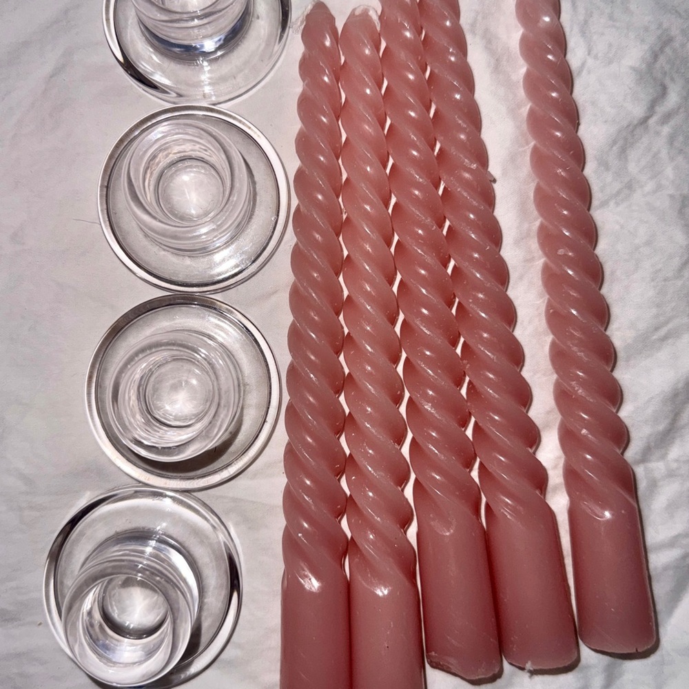 Romantic Mauve Spiral Taper Candle Set + Glass Holders 4 Set
